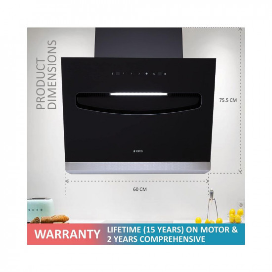 Elica 60 cm 1200 m3/hr Filterless Kitchen Chimney with 15 Years Warranty (EFL-S607 LTW VMS, Motion Sensor Control, Black)