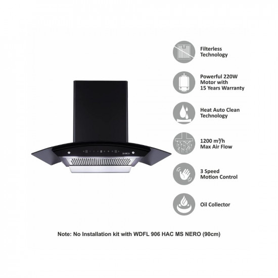 Elica 90 cm 1200 m3/hr Filterless Auto Clean Chimney with 15 Years Warranty (WDFL 906 HAC LTW MS NERO, Touch + Motion Sensor Control, Black)