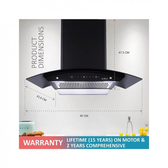 Elica 90 cm 1200 m3/hr Filterless Auto Clean Chimney with 15 Years Warranty (WDFL 906 HAC LTW MS NERO, Touch + Motion Sensor Control, Black)