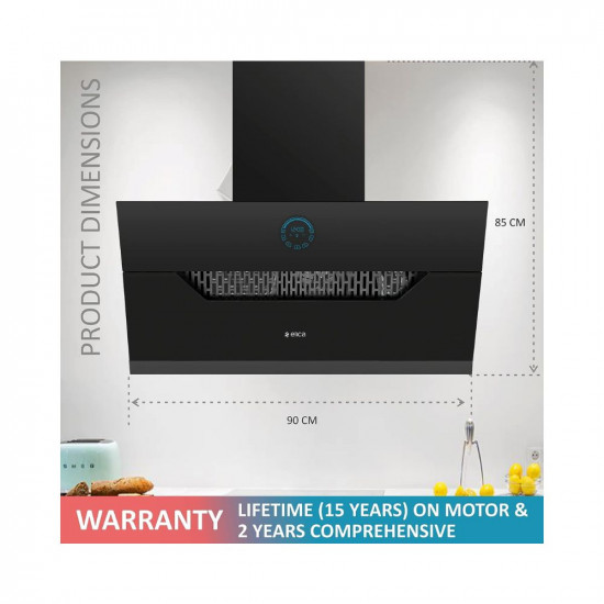Elica 90 cm 1350 m3/hr Filterless Auto Clean Angular Chimney with 15 Years Warranty (EFL 107 HAC LTW VMS 90, Touch + Palm Sensor Control, Black)