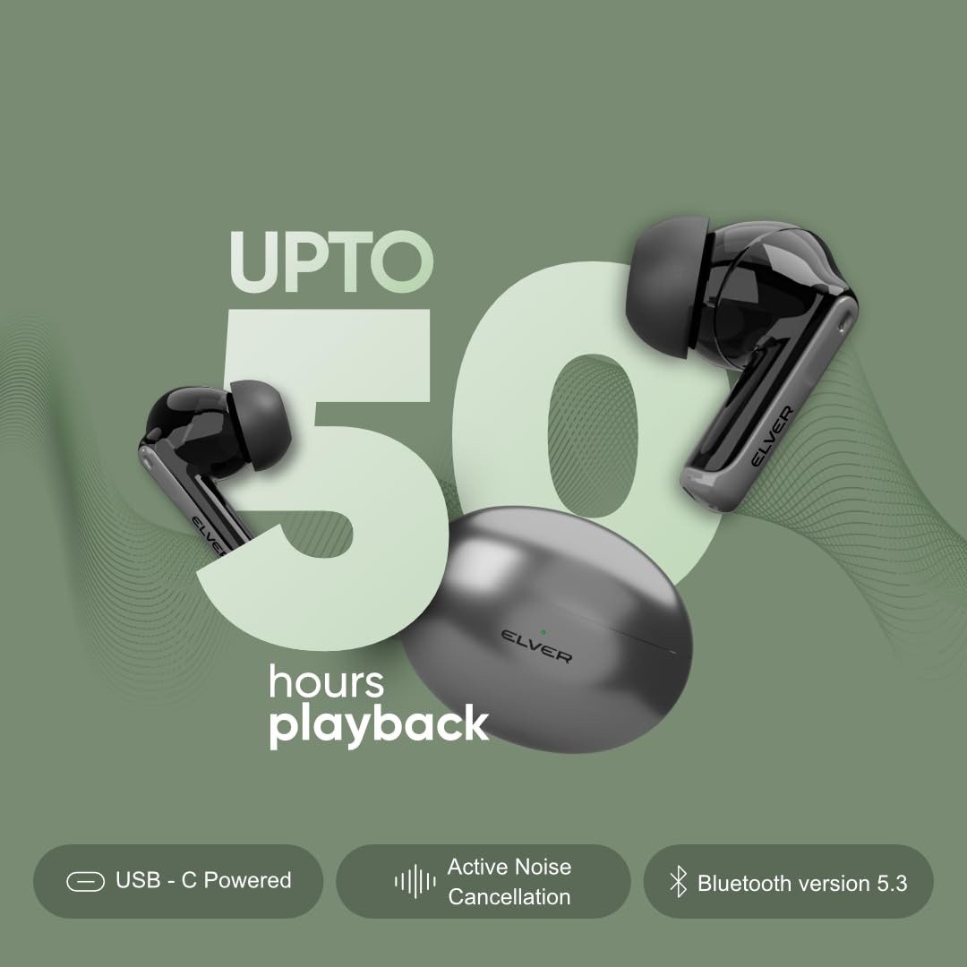 Elver Buds X - Dual ANCENC Dynamic Drivers with 32dB ANC with 4 mics Upto 50HRS Playback True Light Sensor Intuitive Touch Controls BT v53 Wireless Charging  Type-C Fast ChargingMetallic