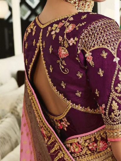 Embellished Pink Banarasi Silk bridal Saree With Blouse(Un-Stitched)