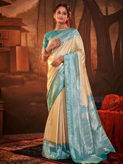 Enchanting Cream Pure Kanchivaram Silk Saree With Blouse(Un-Stitched)