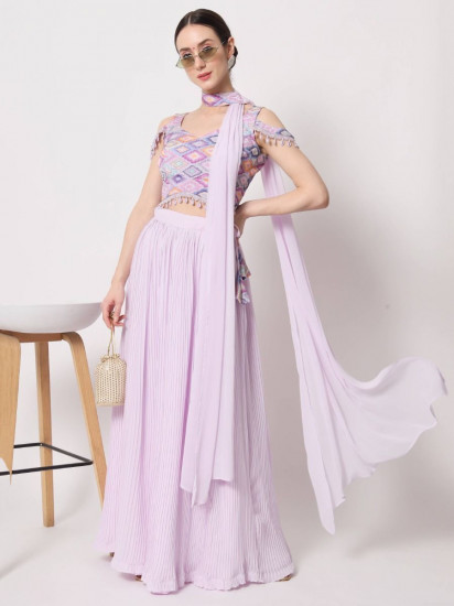 Engaging Lavender Crush Pattern Georgette Fancy Lehenga Choli
Semi Stitched