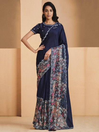 Engaging Navy-Blue Sequined Crepe Satin Silk Party Wear Saree With Blouse(Un-Stitched)