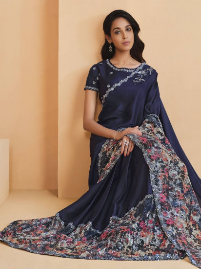 Engaging Navy-Blue Sequined Crepe Satin Silk Party Wear Saree With Blouse(Un-Stitched)