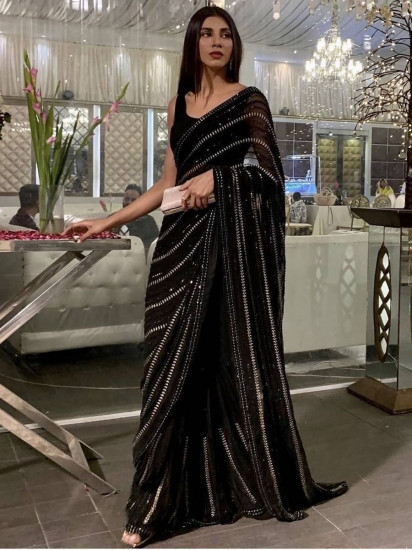 Enthralling Black Sequined Work Georgette Cocktail Party Saree With Blouse(Un-Stitched)