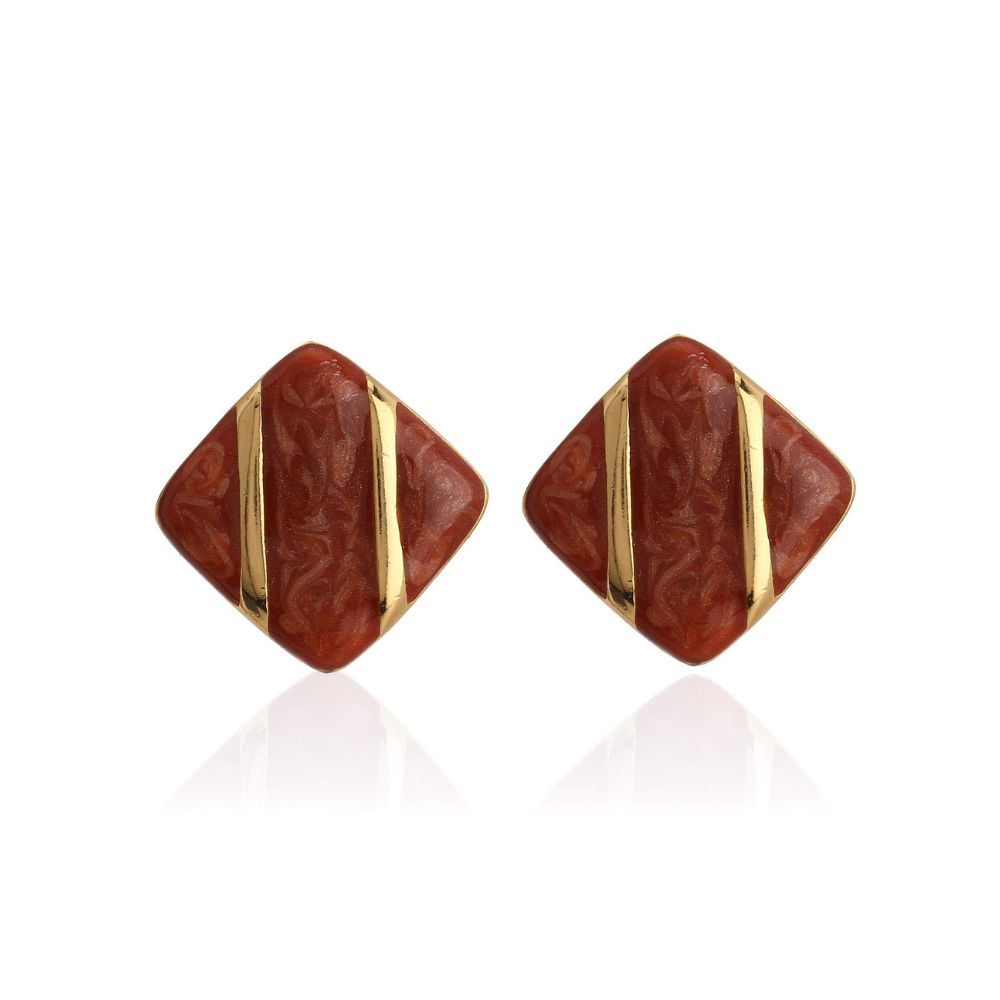 Estele 24Kt Gold Plated Diamond Shaped stud earrings with Red Colour enamel For Women