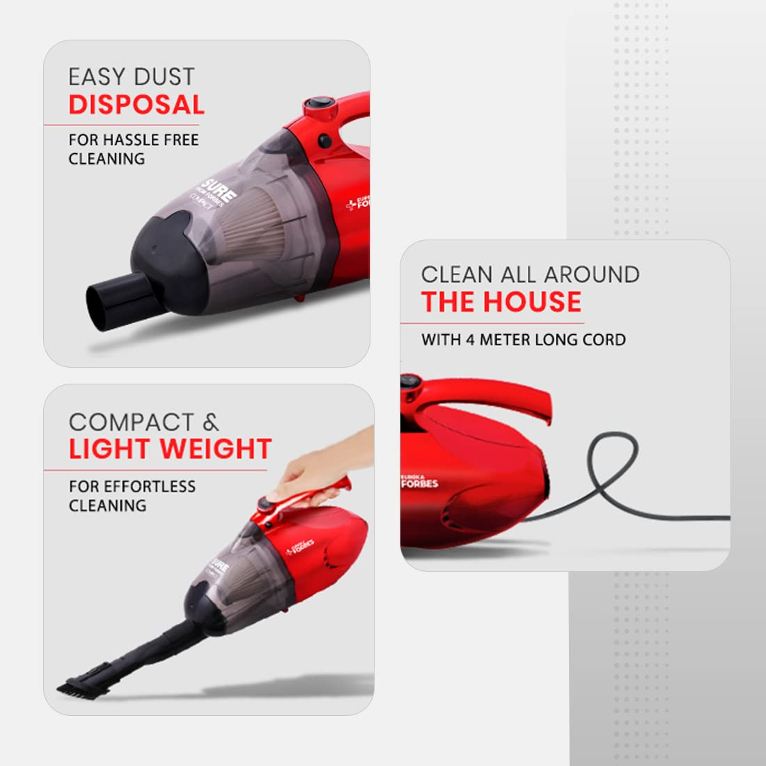 Eureka Forbes Compact 700 Watts Powerful Suction  Blower Vacuum Cleaner with Washable HEPA Filter  6 AccessoriesCompact1 Year WarrantyLight Weight  Easy to use Red  Black