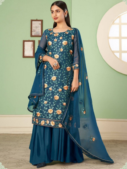 Excellent Navy Blue Sequins Embroidery Georgette Function Wear Sharara Suit