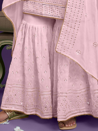 Excellent Pink Heavy Embroidered Khatli Work Georgette Sharara Suit