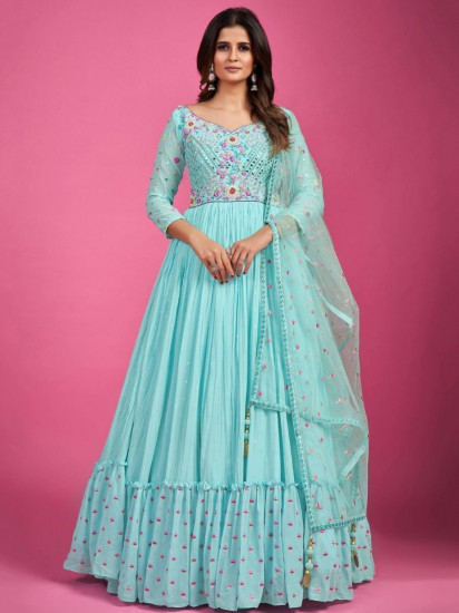 Exceptional Sky-Blue Mirror Work Silk Gown With Dupatta