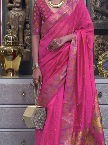 Exotic Pink Floral Silk Festival Wear Saree with Blouse(Un-Stitched)