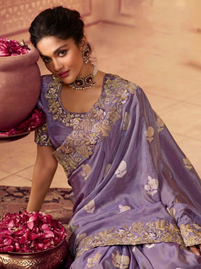 Exquisite Purple Zari Embroidery Chinnon Weddings Wear Saree With Blouse(Un-Stitched)