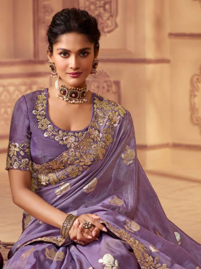 Lilac Purple & Yellow Woven Dola Silk Saree with Designer Embroidery B –  Rushini