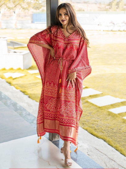 Exquisite Red Bandhej Print Gaji Silk Festival Wear Readymade Kaftan