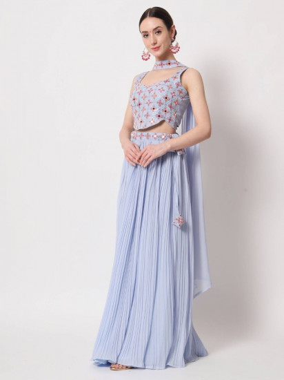 Exquisite Sky-Blue Crush Pattern Georgette Fancy Lehenga Choli