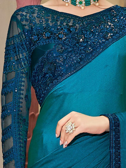 Exquisite Teal Blue Cording Embroidered Festive Wear Silk Saree(Un-Stitched)