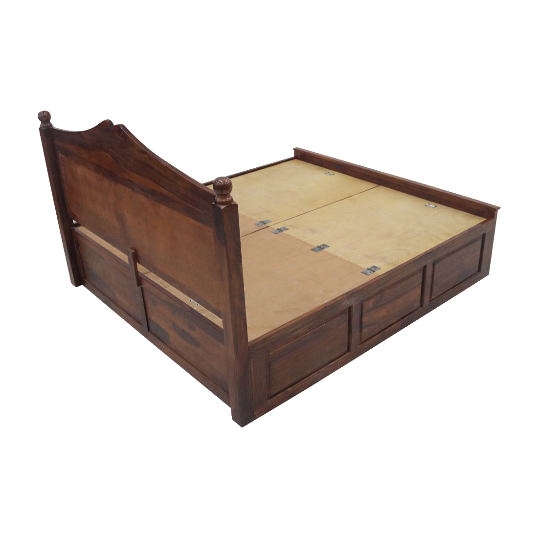Queen Size Bed Teak Wood Finish - Carvin Head Box Pattam Box Storage