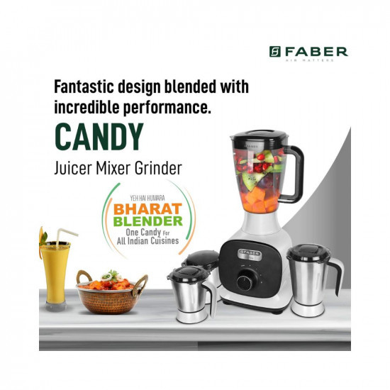 Faber 1000W Juicer Mixer Grinder with 3 Stainless Steel Jar+ 1 Fruit Filter (FMG Candy 1000 3J+1 Pc),White