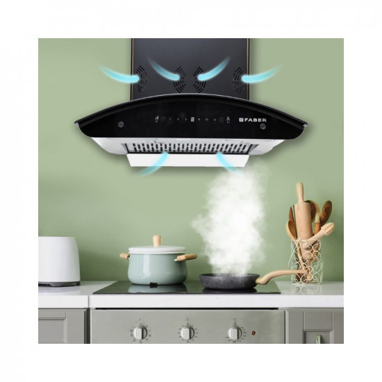 Faber 60 cm 6 way Silent Suction, 1250 m³/hr Auto-Clean curved glass Kitchen Chimney (HOOD EVEREST SMART 3D IND HC SC BK 60, Filterless technology, Touch Control & Gesture Control, Black)