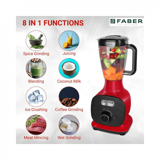 Faber 800W Juicer Mixer Grinder with 3 Stainless Steel Jar+ 1 Fruit Filter (FMG Candy 800 3J+1 Pc), Mystic Red