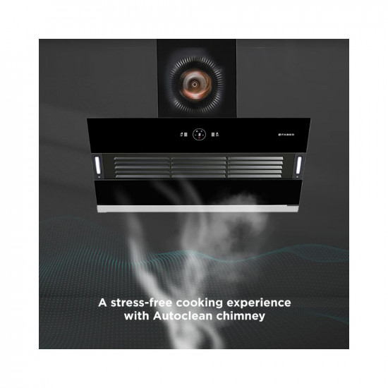Faber 90 cm 1200 m3/hr Slant, Filterless Auto Clean Chimney, 12Yr Warranty on Motor(2Yr Comprehensive)|| Italian Design (HOOD VERTIGO FL SC AC BK 90, Touch & Gesture Control, Black)