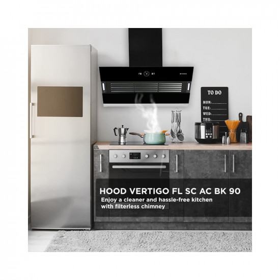 Faber 90 cm 1200 m3/hr Slant, Filterless Auto Clean Chimney, 12Yr Warranty on Motor(2Yr Comprehensive)|| Italian Design (HOOD VERTIGO FL SC AC BK 90, Touch & Gesture Control, Black)