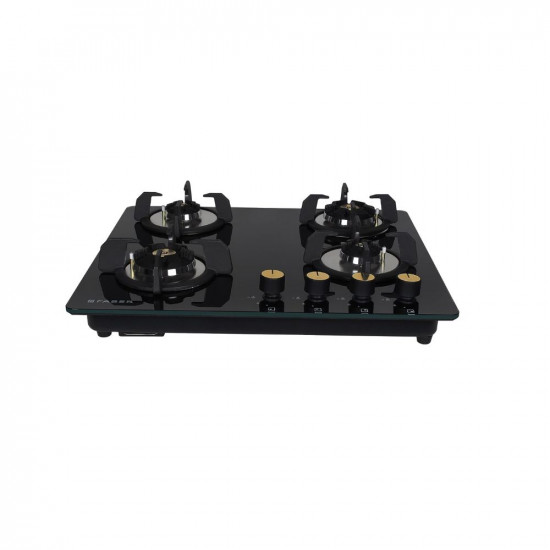 Faber Hob/Hobtop 4 Brass Burner Auto Electric Ignition Glass and Mild Steel Top (Maxus HT604 CRS BR CI AI) Black