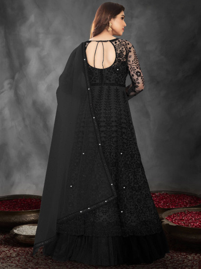 Fabulous Black Thread Embroidered Soft Net Festival Wear Gown