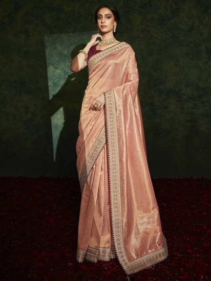 Fabulous Peach Embroidery Silk Party Wear Saree(Un-Stitched)