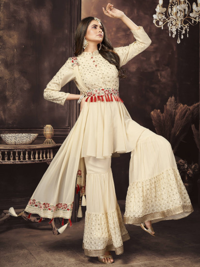 Fantabulous Off-White Sequins Georgette Ready-Made Peplum Top Sharara