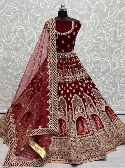 Fantastic Maroon Zari Work Velvet Bridal Lehenga Choli
Semi Stitched