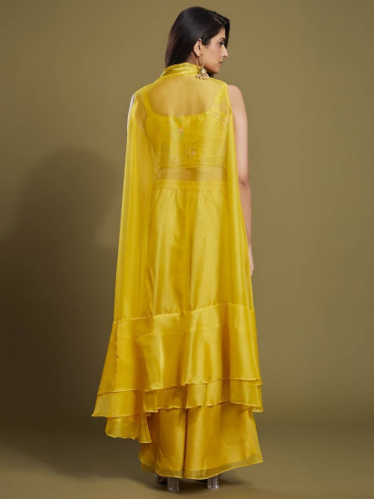 Fascinating Yellow Organza Party Wear Palazzo Top With Ruffle Jacket