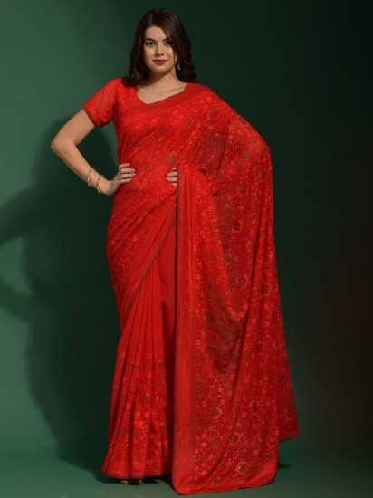 Fascination Red Embroidered Georgette Party Wear Saree With Blouse(Un-Stitched)