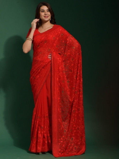 Fascination Red Embroidered Georgette Party Wear Saree With Blouse(Un-Stitched)