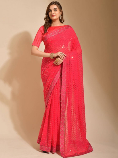 Fetching Pink Sequins Georgette Saree With Blouse(Un-Stitched)