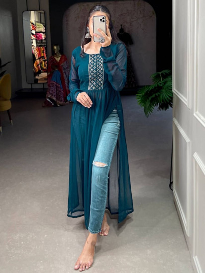 Fetching Teal Blue Embroidered Georgette Ceremony Wear Nayra Cut Kurti