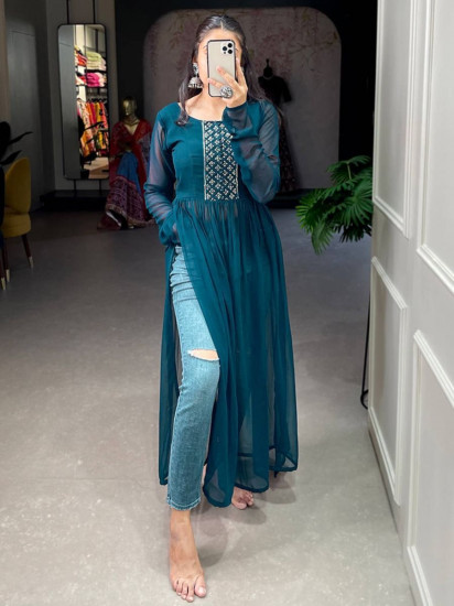 Fetching Teal Blue Embroidered Georgette Ceremony Wear Nayra Cut Kurti