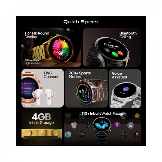 Fire-Boltt Newly Launched Infinity Luxe Vivid 1.6” HD Round Display, Stainless Steel Luxury Smartwatch 4GB Inbuilt Storage, Bluetooth Calling, TWS Connectivity, 100+ Watch Faces (Gold)