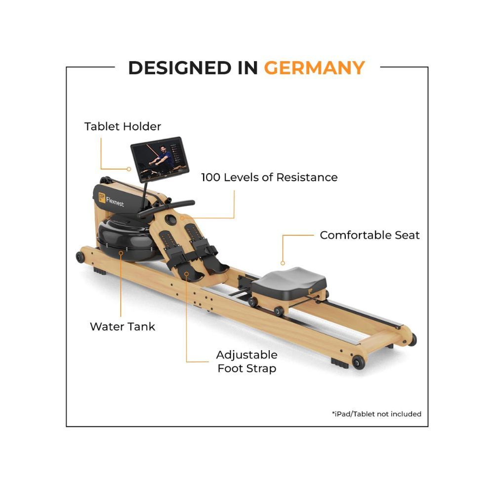 Flexnest Flexrower Plus Smart Imported Wood Bluetooth-Enabled Water Rower Rowing Machine