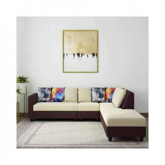 FURNY Castilla 6 Seater Fabric RHS L Shape Sofa Set (Cream-Brown)