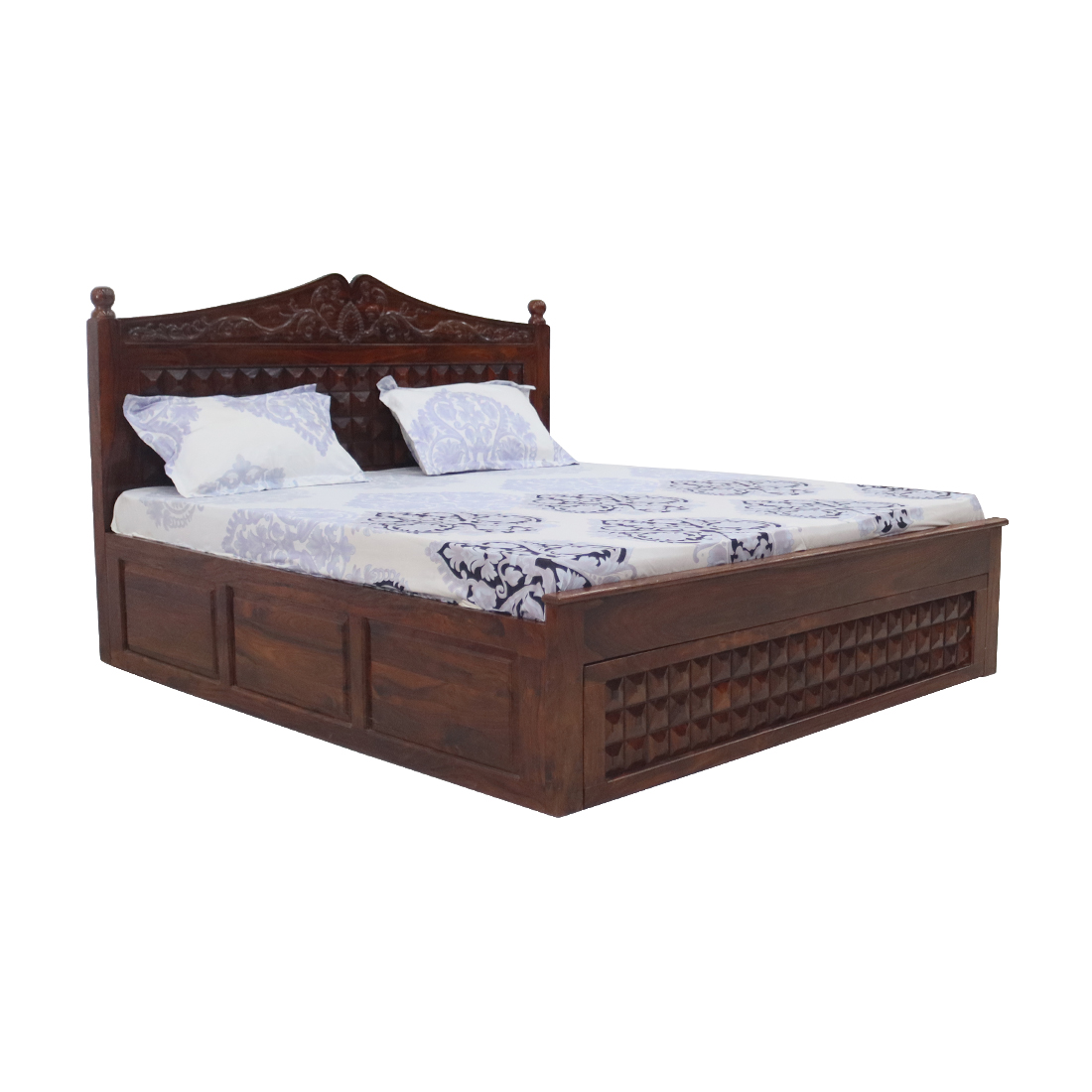 Queen Size Bed Teak Wood Finish - Carvin Head Box Pattam Box Storage