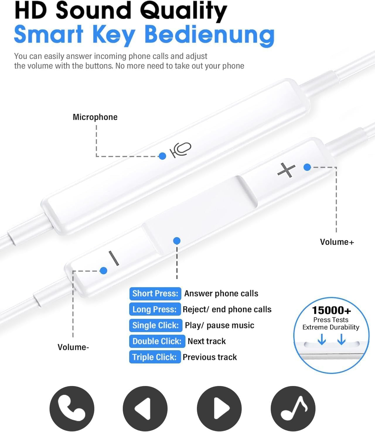 GEARZTOUCH iSHOT Wired Earphone with Powerful HD Mic for Clear Sound in-Line Volume Controller  Noise Cancellation Compatible with iPhone 14131211 Pro Max XsXRX78 Plus - All iOS- White