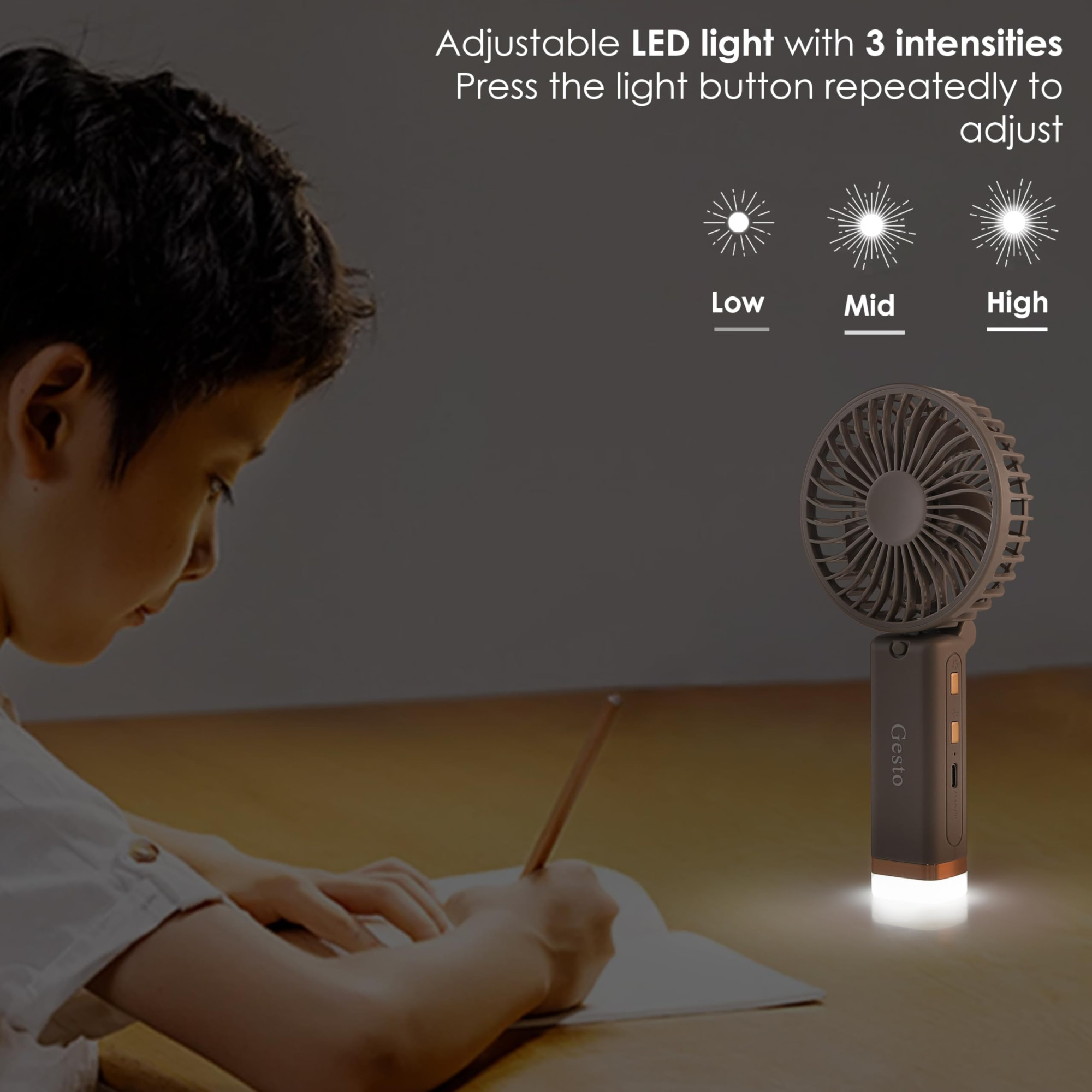 Gesto Portable Fan Rechargeable with LED Light Foldable Mini Fan Small FanUSB Charging Hand Fan with 1200mAh Battery 3 Speed Modes Travel Makeup KitchenWomens Personal Pankhaa - Grey