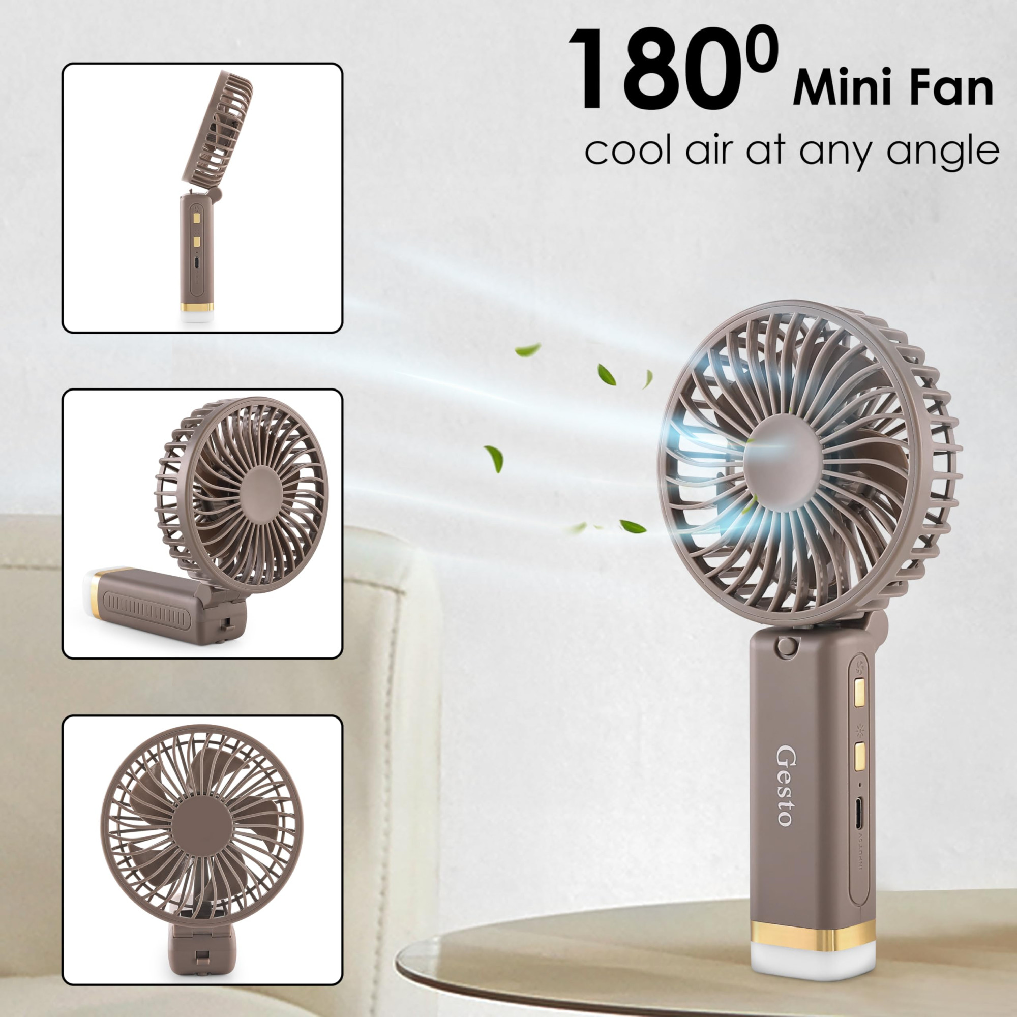 Gesto Portable Fan Rechargeable with LED Light Foldable Mini Fan Small FanUSB Charging Hand Fan with 1200mAh Battery 3 Speed Modes Travel Makeup KitchenWomens Personal Pankhaa - Grey