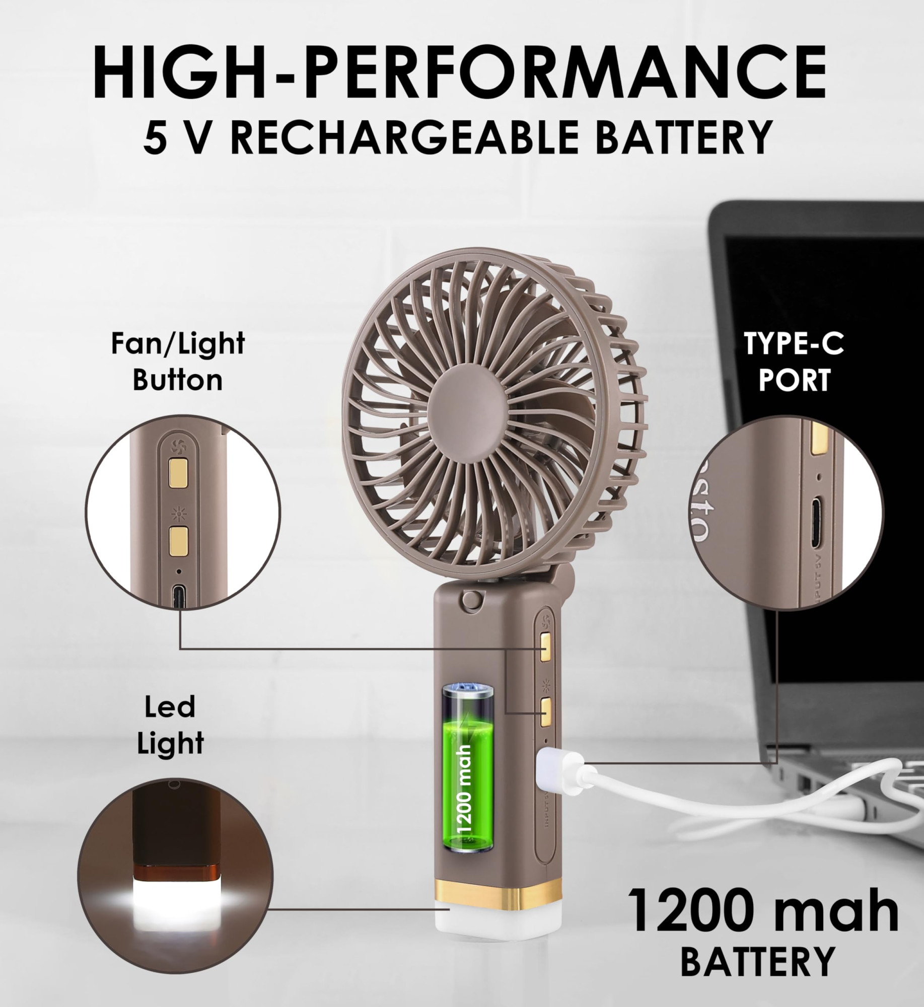 Gesto Portable Fan Rechargeable with LED Light Foldable Mini Fan Small FanUSB Charging Hand Fan with 1200mAh Battery 3 Speed Modes Travel Makeup KitchenWomens Personal Pankhaa - Grey
