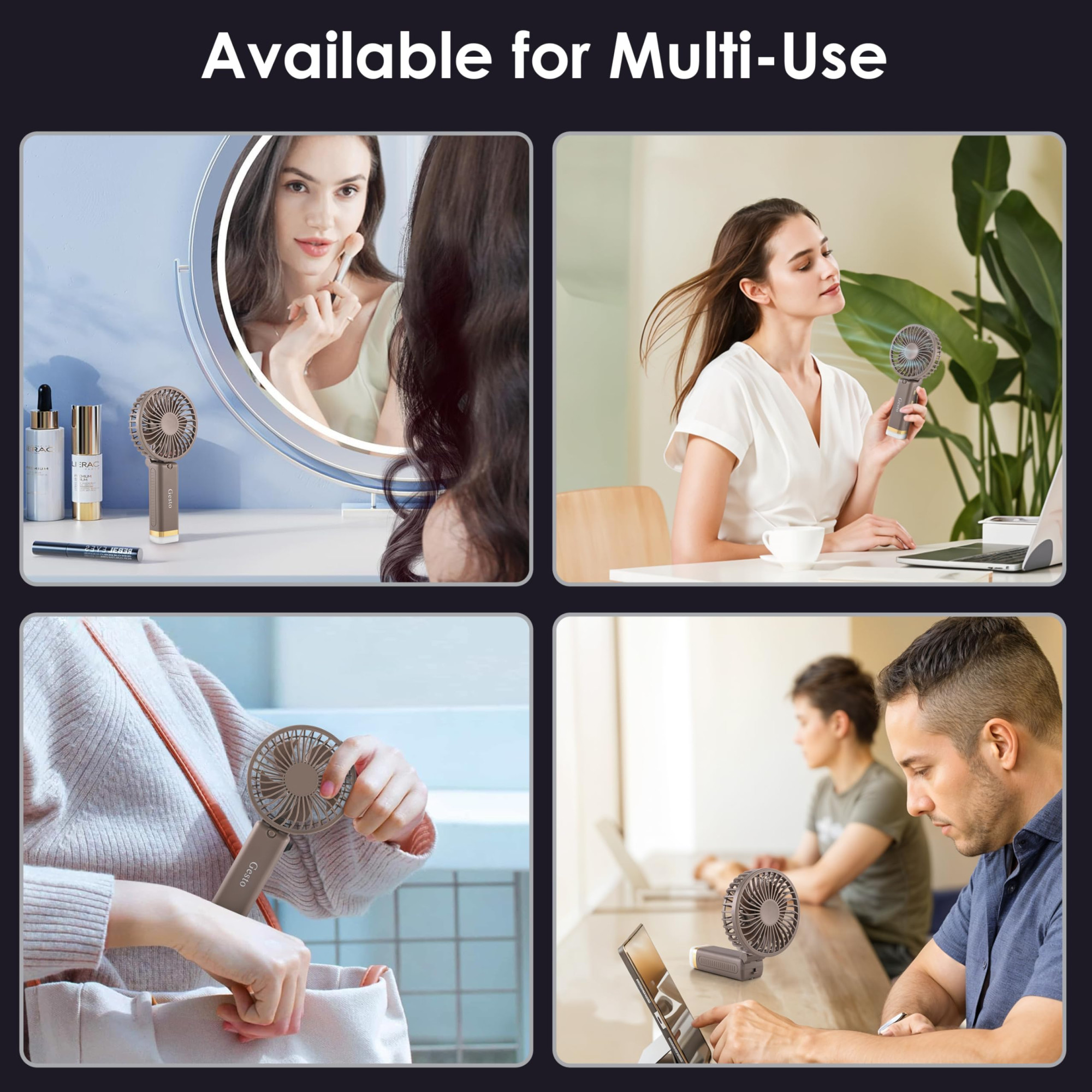 Gesto Portable Fan Rechargeable with LED Light Foldable Mini Fan Small FanUSB Charging Hand Fan with 1200mAh Battery 3 Speed Modes Travel Makeup KitchenWomens Personal Pankhaa - Grey