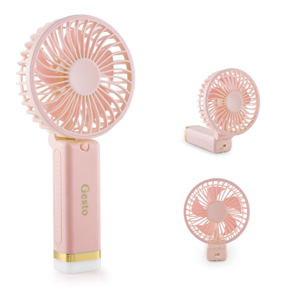 Image of Gesto Portable Fan Rechargeable with LED Light – Foldable Mini Fan, Small Fan,USB Charging Hand Fan with 1200mAh Battery &amp; 3 Speed Modes | Travel, Makeup, Kitchen,Women’s Personal Pankhaa - Pink