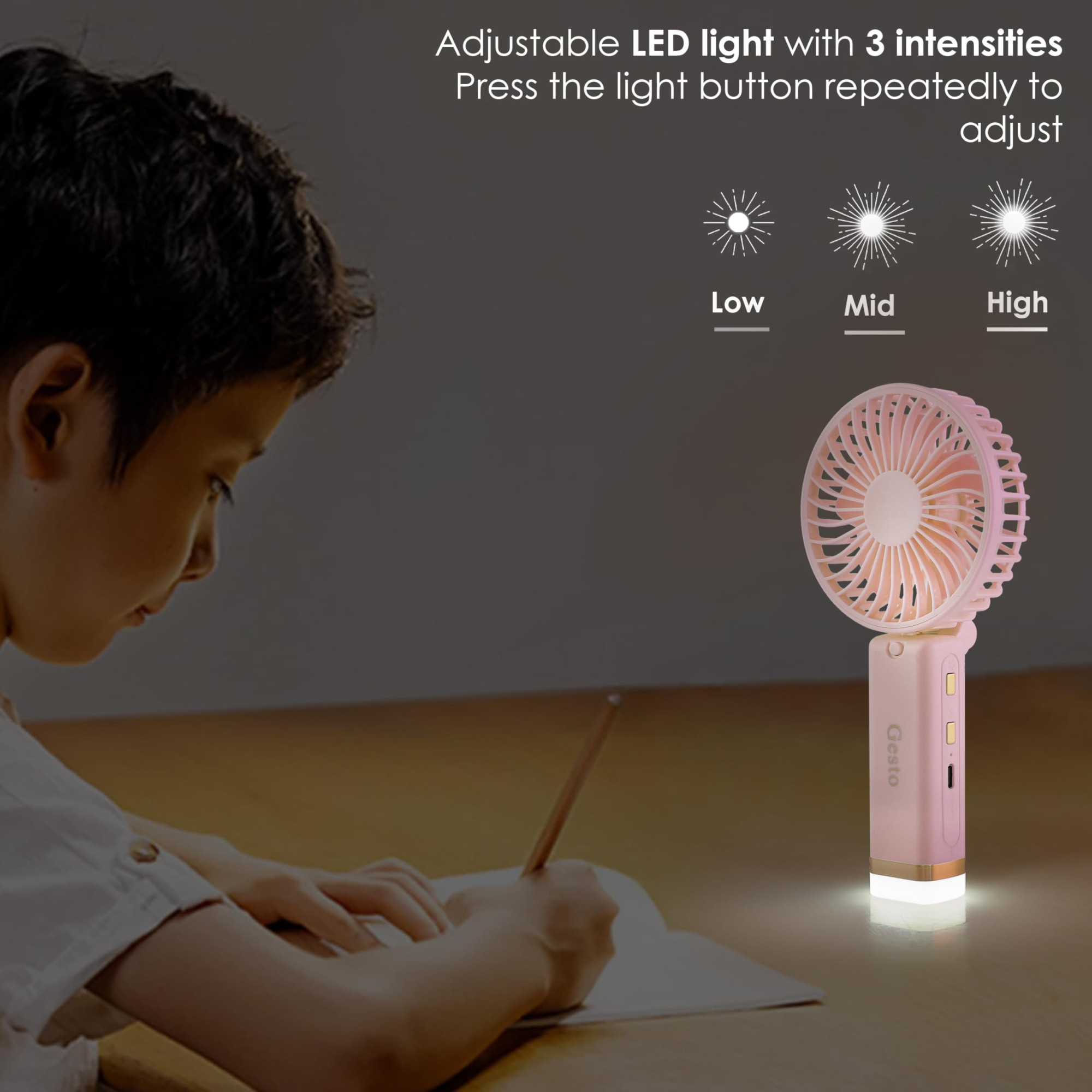 Gesto Portable Fan Rechargeable with LED Light Foldable Mini Fan Small FanUSB Charging Hand Fan with 1200mAh Battery 3 Speed Modes Travel Makeup KitchenWomens Personal Pankhaa - Pink